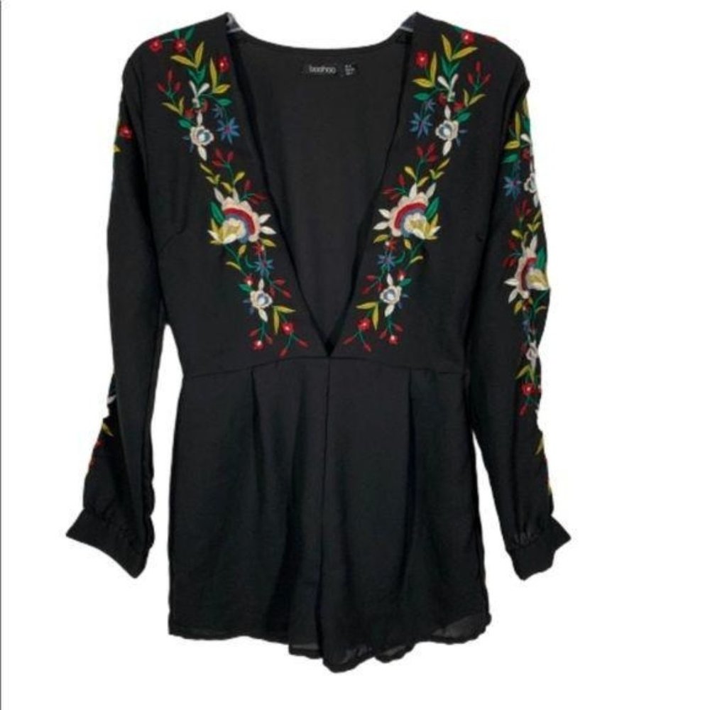 BOOHOO Floral Embroidered Long Sleeve Romper Black Size 4 - Picture 1 of 6